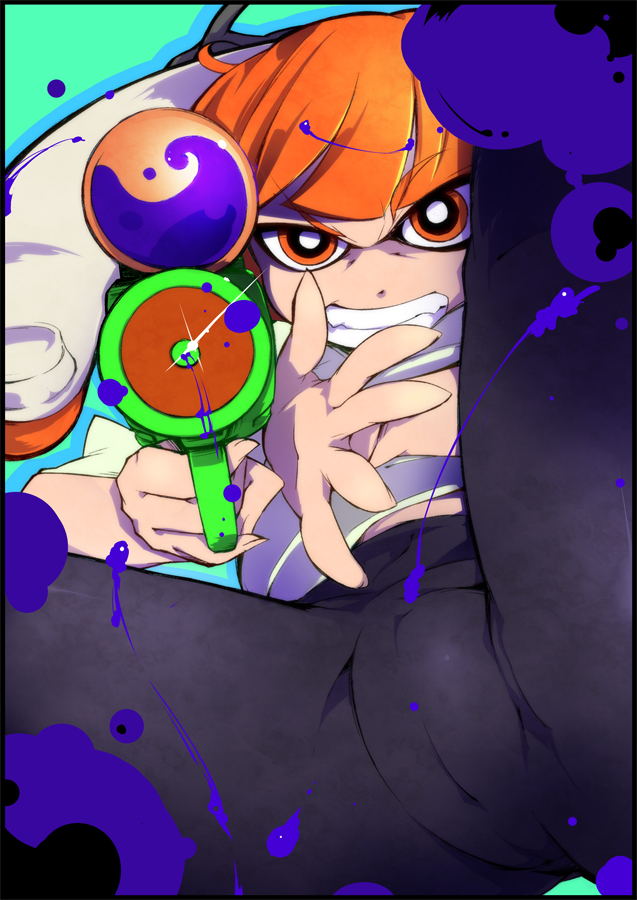 1girl, bike_shorts, cameltoe, female_focus, inkling, inkling_girl, inkling_player_character, matching_hair/eyes, monster_girl, nintendo, orange_eyes, orange_hair, simple_background, solo, splatoon_(series), splatoon_1, splattershot_(splatoon), suzu_(suzuko), tentacle_hair