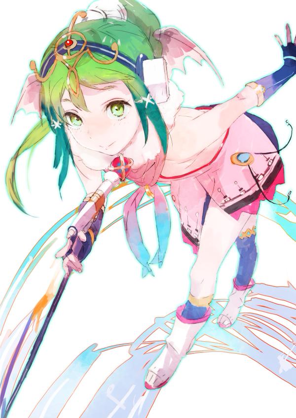 1girl, atlus, chiki_(gir#fe), genei_ibunroku_#fe, green_eyes, green_hair, megami_tensei, simple_background