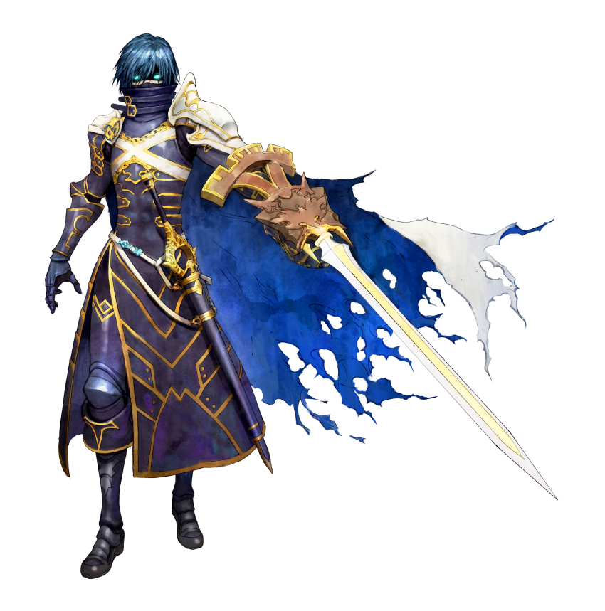 1boy, absurdres, armor, atlus, blue_eyes, blue_hair, cape, fire_emblem, full_body, gauntlets, genei_ibunroku_#fe, glowing, glowing_eyes, highres, krom_(gir#fe), male_focus, matching_hair/eyes, megami_tensei, minaba_hideo, nintendo, official_art, short_hair, shoulder_armor, simple_background, solo, sword, tokyo_mirage_sessions_fe, two-sided_cape, two-sided_fabric, weapon