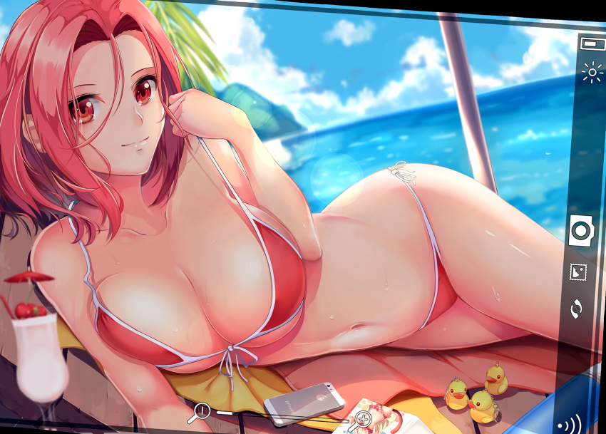 1girl, beach, bikini, breasts, cellphone, cleavage, day, drink