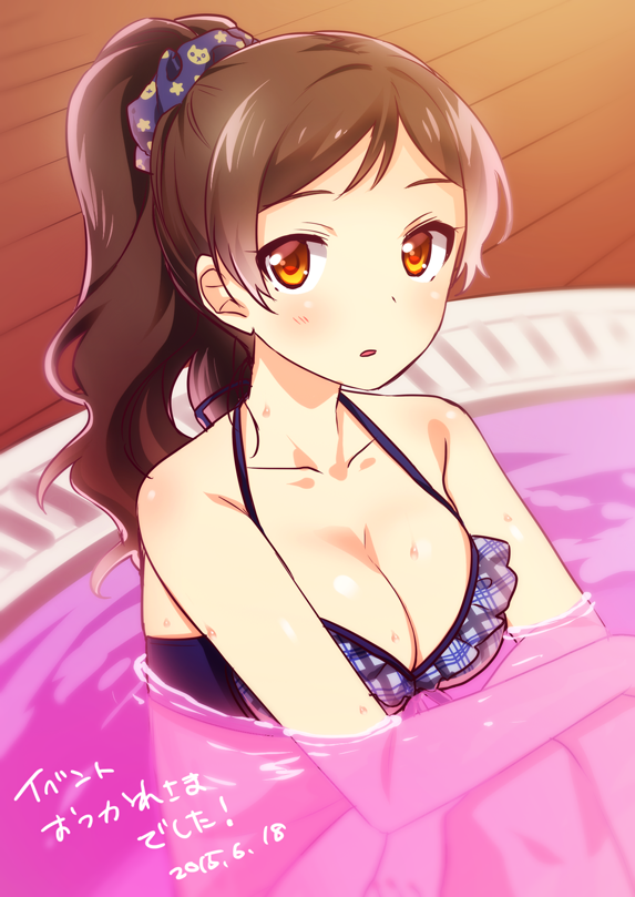 10s, 1girl, bikini, brown_eyes, brown_hair, female_focus, hair_ornament, hair_scrunchie