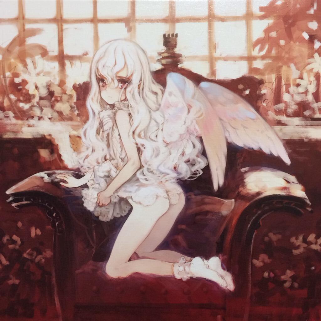 1girl, angel_wings, ass, bobby_socks, chair, feathered_wings, female_focus, kneeling