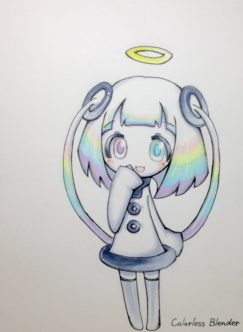 0-chan_(keigozoo), 1girl, :d, absurdres, aqua_eyes, blue_eyes, blush_stickers, chibi, commentary_request, english_text, female_focus, gradient_eyes, grey_thighhighs, hair_rings, halo, hand_to_own_mouth, heterochromia, highres, ink_blender, long_sleeves, looking_at_viewer, marker_(medium), multicolored_eyes, multicolored_hair, open_mouth, orange_eyes, original, personification, purple_eyes, rainbow_hair, short_hair_with_long_locks, simple_background, smile, solo, standing, tareme, thighhighs, traditional_media, white_background, white_hair, wide_sleeves, zettai_ryouiki, zoo_(keigozoo)