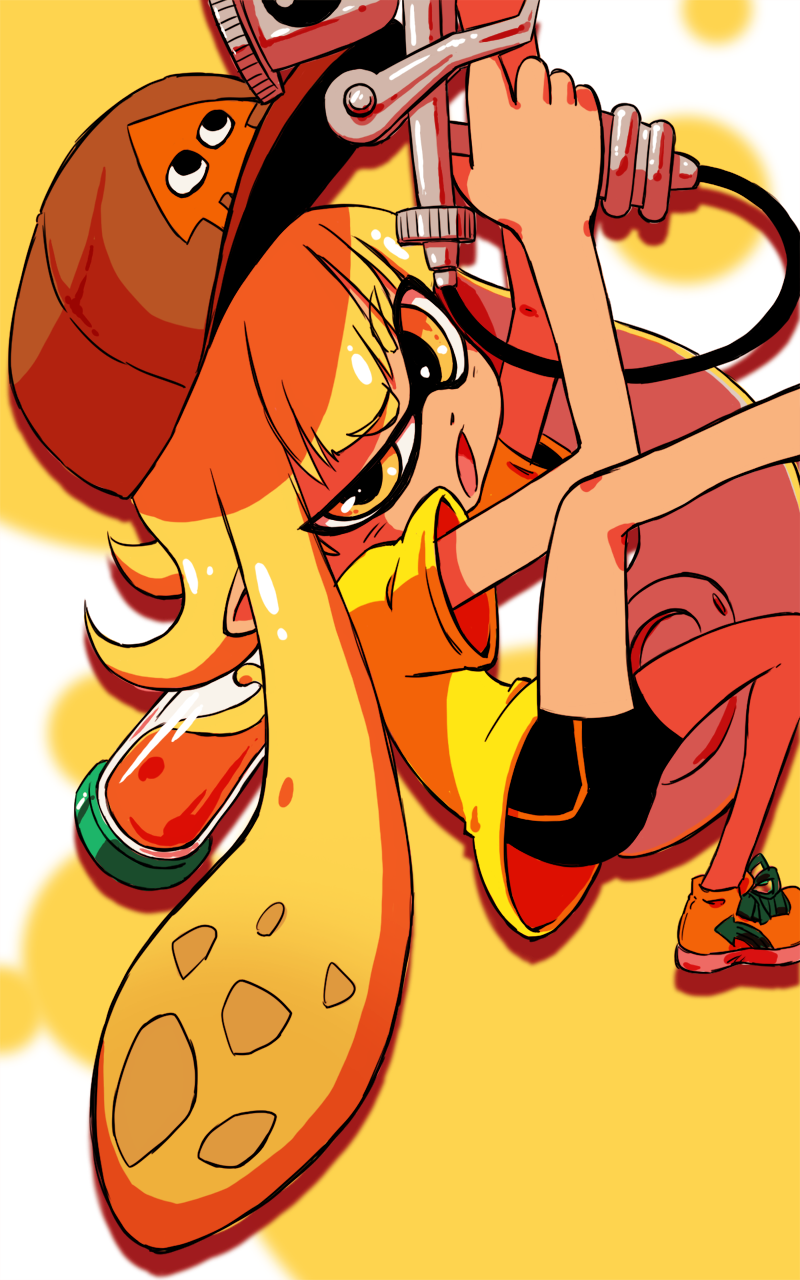1girl, baseball_cap, bike_shorts, gradient_background, hat, highres, ink_tank_(splatoon), inkling