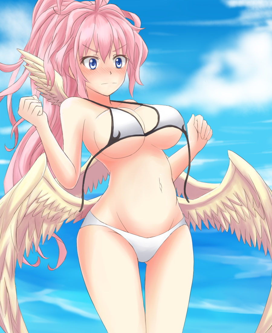 1girl, archangel_metatron_(p&amp;d), bikini, blue_eyes, blush, breasts, cleavage, female_focus, gradient_background, large_breasts, long_hair, navel, niiru_heiyaku_de_jutaichuu, pink_hair, ponytail, puzzle_&amp;_dragons, solo, swimsuit, thigh_gap, wardrobe_malfunction, wavy_hair, wings