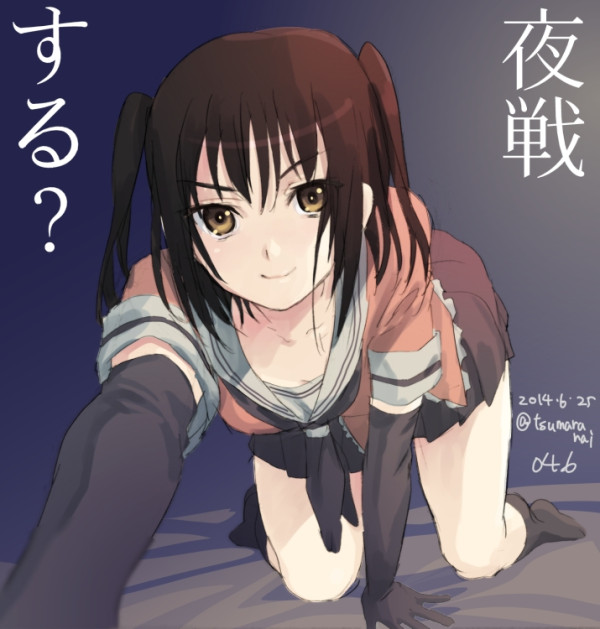 10s, 1girl, all_fours, black_gloves, black_socks, brown_eyes, brown_hair, dated
