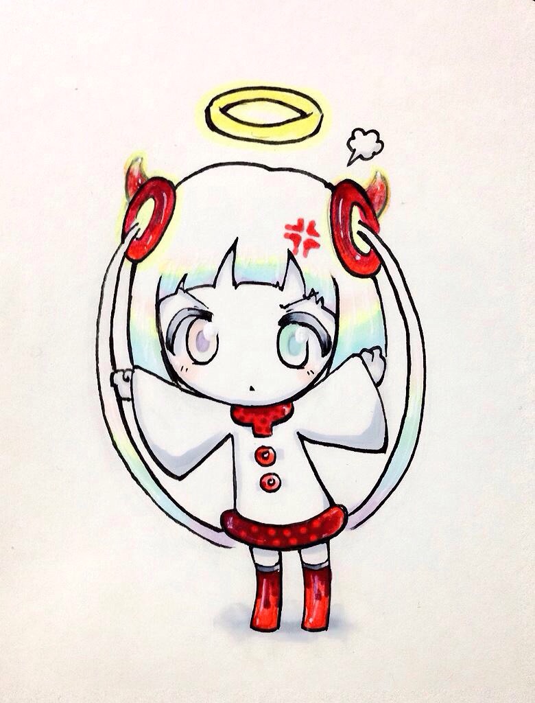 0-chan_(keigozoo), 1girl, anger_vein, angry, aqua_eyes, arms_up, blue_eyes, blush_stickers, chibi, female_focus, gradient_eyes, hair_rings, halo, heterochromia, horns, ink_blender, looking_at_viewer, marker_(medium), multicolored_eyes, multicolored_hair, orange_eyes, original, personification, purple_eyes, rainbow_hair, red_thighhighs, short_hair_with_long_locks, simple_background, solo, standing, steam, tareme, thighhighs, traditional_media, white_background, white_hair, wide_sleeves, zettai_ryouiki, zoo_(keigozoo)