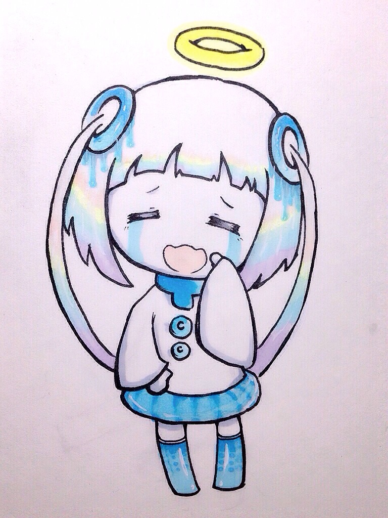 0-chan_(keigozoo), 1girl, blue_thighhighs, blush_stickers, chibi, closed_eyes, female_focus, gradient_eyes