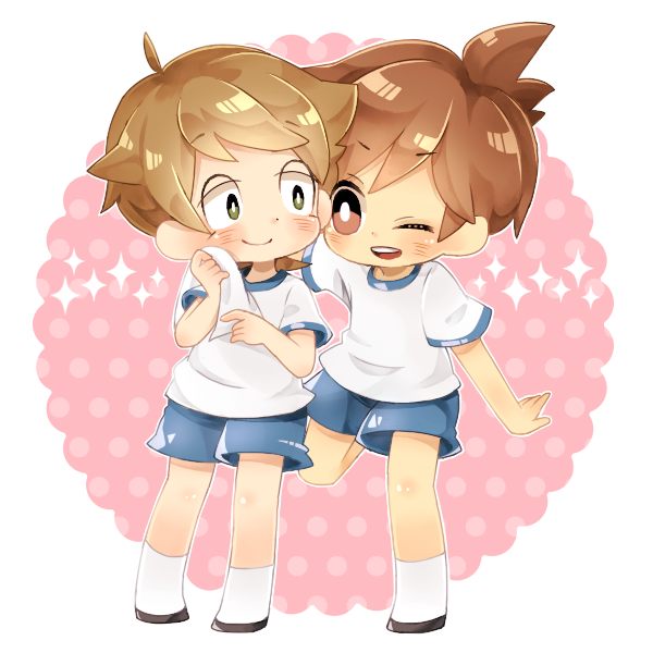 10s, 2boys, aged_down, amano_keita, blush, brown_eyes, brown_hair, full_body