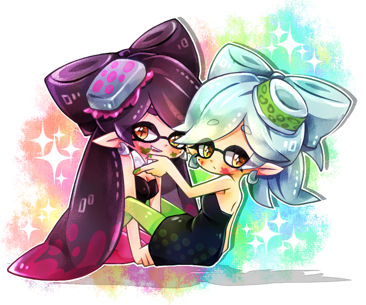 2girls, bad_id, bad_pixiv_id, blue_hair, callie_(splatoon), callie_(squid_sisters_outfit)_(splatoon), earrings, gradient_background, inkling, jewelry, long_hair, marie_(splatoon), marie_(squid_sisters_outfit)_(splatoon), mole, mole_under_eye, multiple_girls, nintendo, nyaco, open_mouth, pointy_ears, purple_hair, sitting, splatoon_(series), splatoon_1