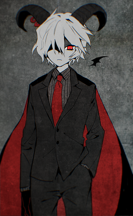 1boy, black_gloves, black_suit, business_suit, cape, chromatic_aberration, demon_boy, demon_horns