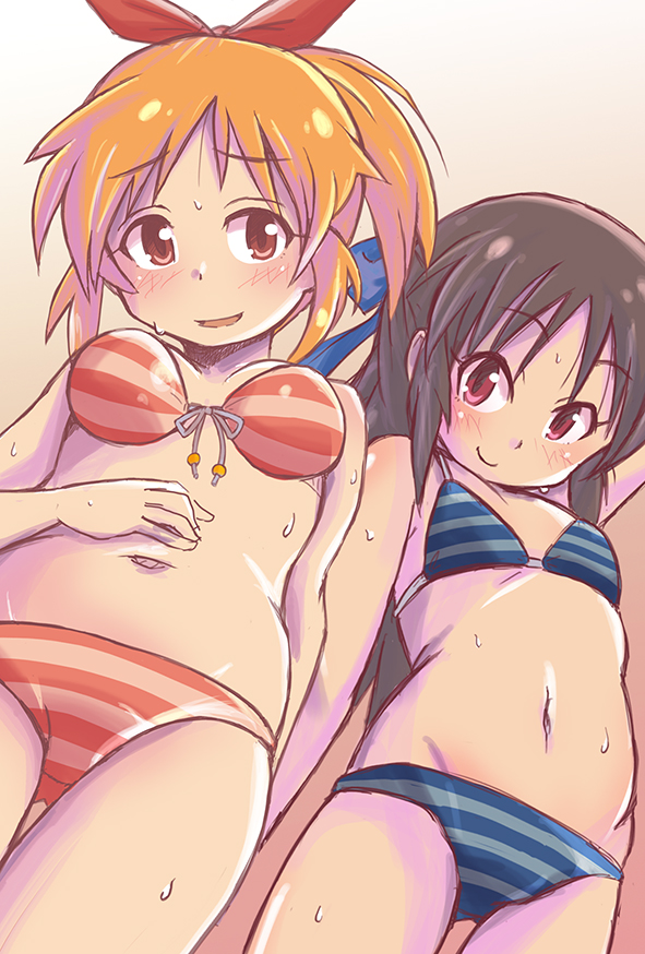 10s, 2girls, abe_nana, age_difference, arm_behind_head, arm_up, armpits, bare_shoulders