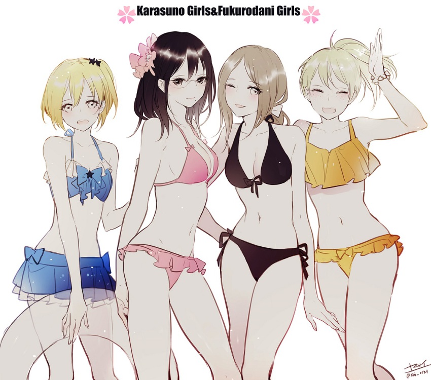 10s, 4girls, ^_^, bikini, black_hair, blonde_hair, breasts, brown_eyes, cleavage, closed_eyes, freckles, glasses, grey_eyes, haikyuu!!, happy, medium_breasts, mole, mole_under_eye, mole_under_mouth, multiple_girls, one_eye_closed, shimizu_kiyoko, shirofuku_yukie, shueisha, side_ponytail, simple_background, small_breasts, smile, suzumeda_kaori, swimsuit, yachi_hitoka, yasai_(getsu)