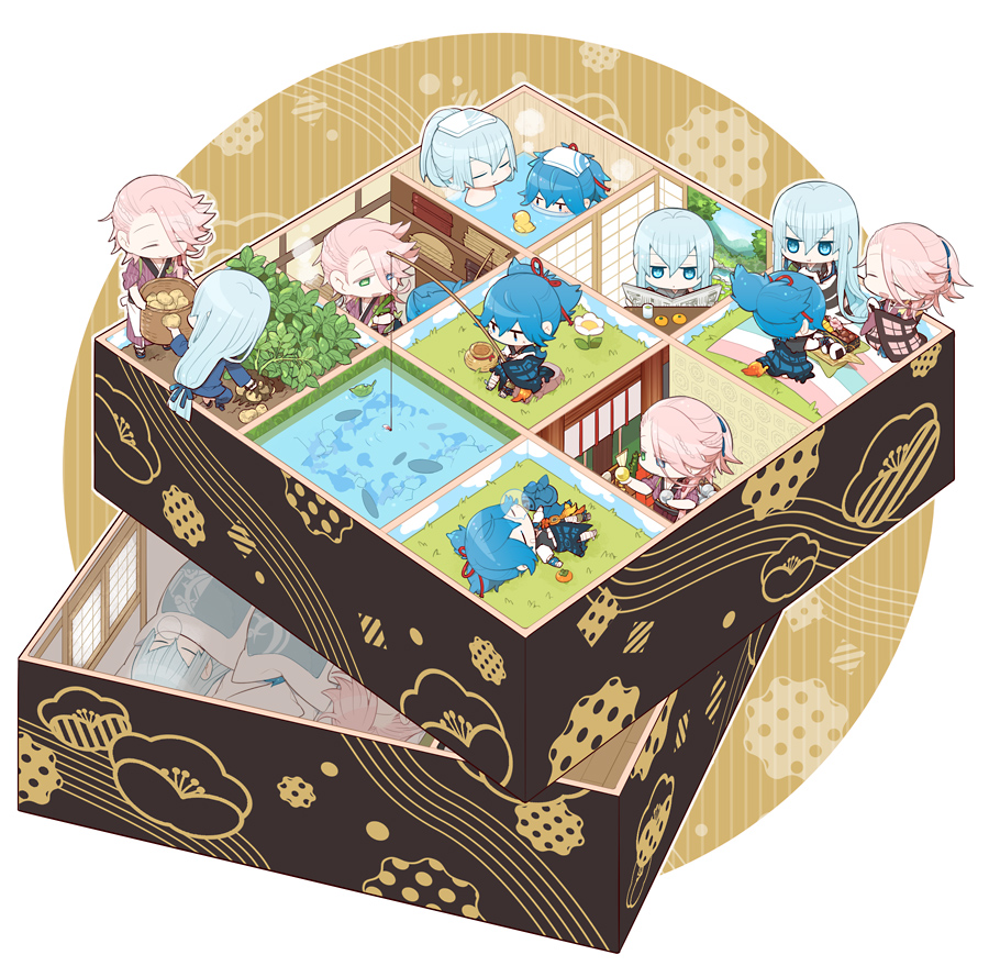 10s, 3boys, basket, bathing, blue_eyes, blue_hair, box, chibi, closed_eyes, eating, fishing, fishing_rod, food, fruit, futon, gardening, green_eyes, heterochromia, hysd, isometric, japanese_clothes, kousetsu_samonji, leaf, long_hair, low-tied_long_hair, male_focus, mandarin_orange, multiple_boys, newspaper, onigiri, open_mouth, orange_(fruit), persimmon, pink_hair, rubber_duck, samonji_family_(touken_ranbu), sayo_samonji, sleeping, smile, souza_samonji, touken_ranbu, towel, towel_on_head