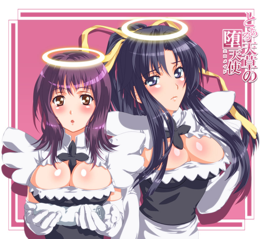 2girls, black_hair, blush, breasts, brown_eyes, covered_erect_nipples, doriri, frown