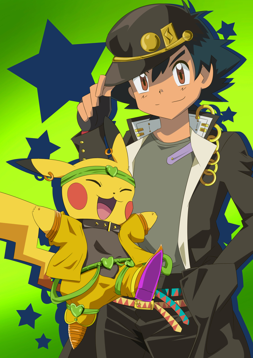 1boy, :d, ash_ketchum, bad_id, bad_pixiv_id, black_hair, brown_eyes, chain, closed_eyes, cosplay, dio_brando, dio_brando_(cosplay), fingerless_gloves, gakuran, gen_1_pokemon, gloves, gradient_background, hand_in_pocket, hat, hat_tip, highres, jojo_no_kimyou_na_bouken, kuujou_joutarou, kuujou_joutarou_(cosplay), nintendo, open_mouth, pikachu, pokemon, pokemon_(anime), reo_j, school_uniform, smile, star_(symbol), star_symbol_background, tail