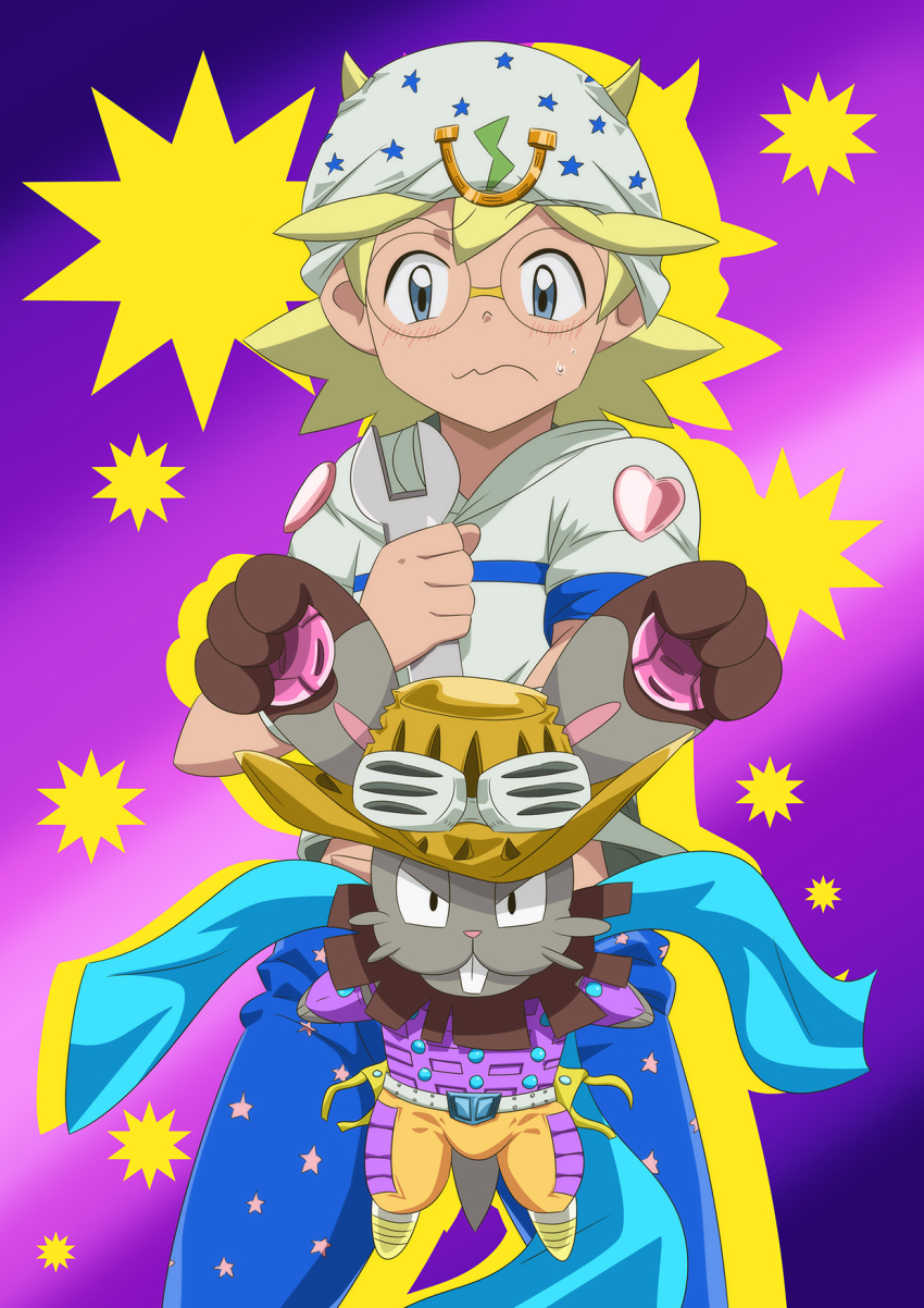 1boy, bad_id, bad_pixiv_id, blonde_hair, blue_eyes, buck_teeth, bunnelby, clemont_(pokemon)