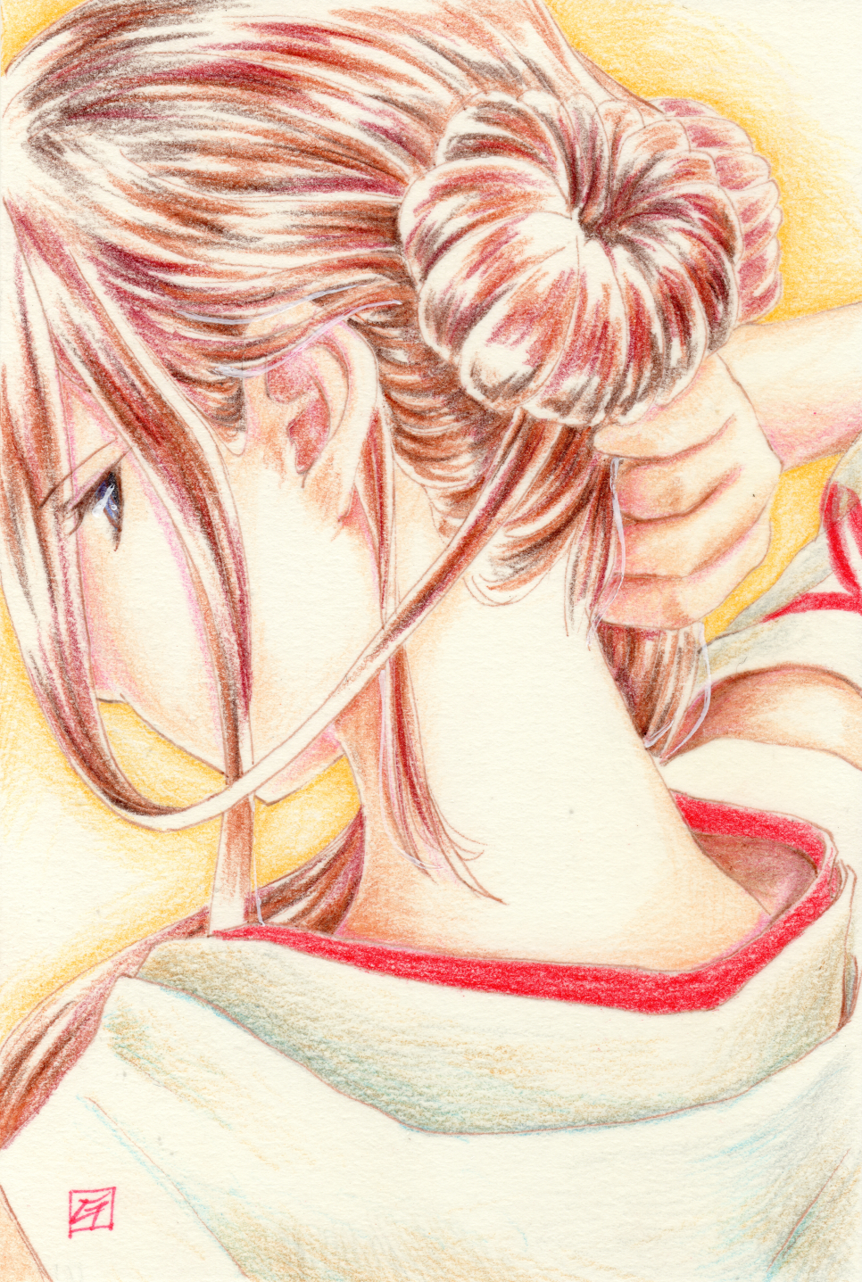 10s, 1girl, bare_shoulders, brown_hair, double_bun, ear_focus, facing_away, female_focus