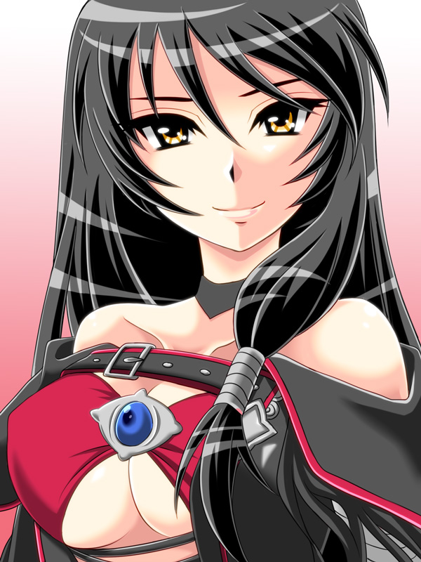 1girl, bad_id, bad_pixiv_id, bare_shoulders, belt, black_hair, black_neckwear, breasts, brown_eyes, choker, coat, female_focus, gomabee, gradient_background, jewelry, large_breasts, long_hair, looking_at_viewer, pink_background, smile, solo, tales_of_(series), tales_of_berseria, tsurime, underboob, velvet_crowe, yellow_eyes