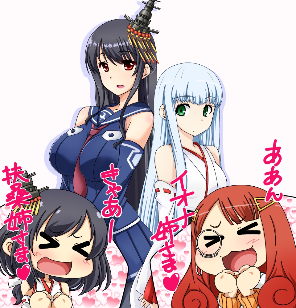 >_<, 4girls, :d, aoki_hagane_no_arpeggio, bare_shoulders, black_hair, blue_hair, blush