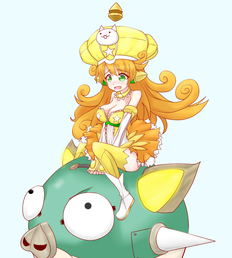 1girl, bare_shoulders, boots, breasts, cat_(nyanko_daisensou), cleavage, collar, curly_hair, dress, elbow_gloves, gloves, green_eyes, hat, kai_(nyanko_daisensou), kane_chori, kaneachori, large_breasts, large_hat, long_hair, nervous_smile, no_bra, nyanko_daisensou, open_mouth, orange_hair, orange_skirt, pig, riding, riding_machine, robot, short_dress, simple_background, skirt, smile, thighhighs, tonton_(nyanko_daisensou), unconventional_vehicle