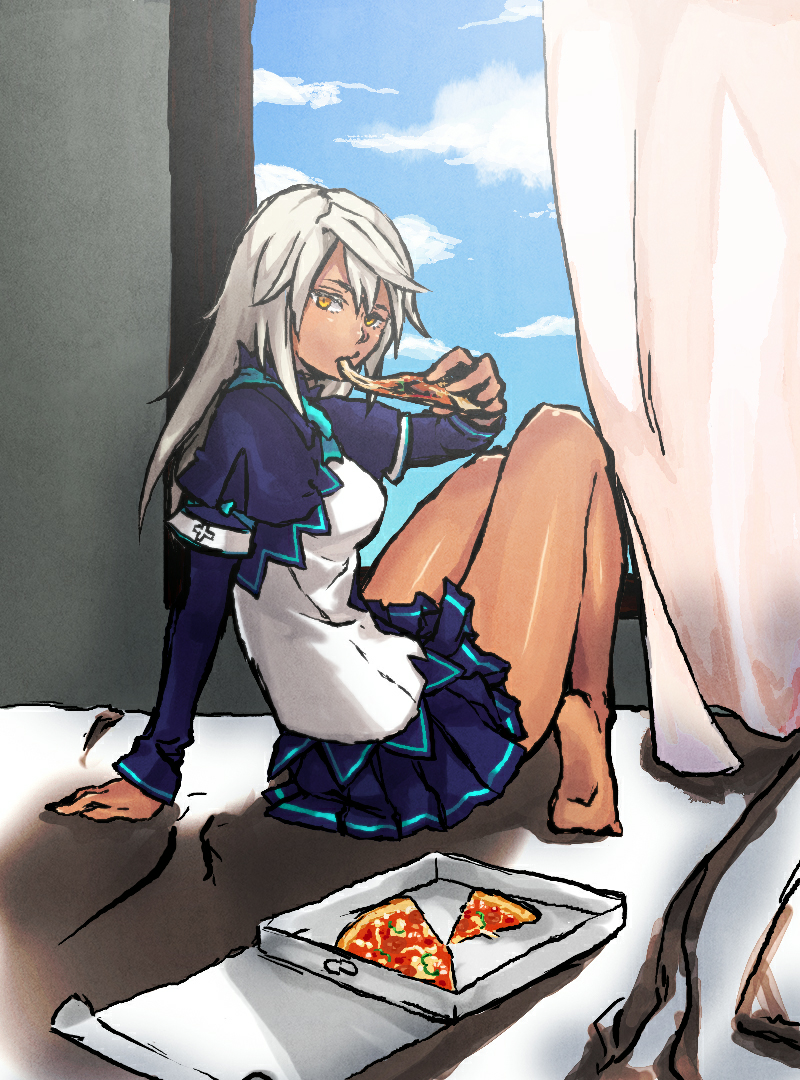 1girl, alternate_costume, bad_id, bad_pixiv_id, barefoot, breasts, cheese, cheese_trail, cryolite, dark-skinned_female, dark_skin, eating, female_focus, food, guilty_gear, guilty_gear_xrd, long_hair, looking_at_viewer, margherita_pizza, on_bed, orange_eyes, pizza, ramlethal_valentine, school_uniform, silver_hair, sitting, skirt, soles, solo