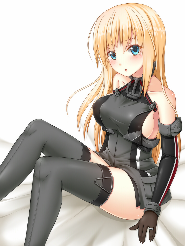 10s, 1girl, anchor, bare_shoulders, bismarck_(kancolle), blonde_hair, blue_eyes, blush