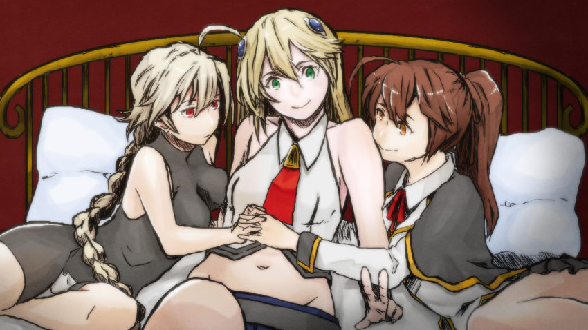 3girls, ahoge, bad_id, bad_pixiv_id, bare_shoulders, bed, blazblue, blazblue:_chronophantasma, blazblue_phase_0, blonde_hair, braid, breasts, brown_eyes, brown_hair, cape, celica_a._mercury, crotch_plate, cryolite, fff_threesome, girl_sandwich, green_eyes, groin, group_sex, hair_ornament, hairclip, holding_hands, huge_ahoge, incest, interlocked_fingers, lambda-11, long_hair, midriff, multiple_girls, navel, noel_vermillion, on_bed, pillow, red_eyes, sandwiched, school_uniform, single_braid, skirt, sleeveless, smile, threesome, unitard, v, yuri