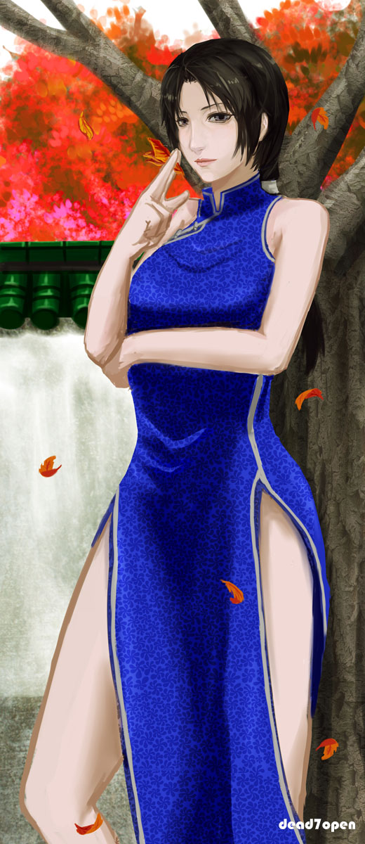 1girl, autumn_leaves, between_fingers, black_hair, blue_dress, breasts, china_dress, chinese_clothes, dead7open, dress, female_focus, hair_over_shoulder, highres, holding, hong_xiu_ying, leaf, long_hair, low_ponytail, low_twintails, ponytail, shenmue, shenmue_ii, side_slit, solo, twintails