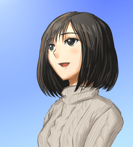 1girl, aran_sweater, black_hair, blue_sky, blush, cable_knit, female_focus, gradient_background