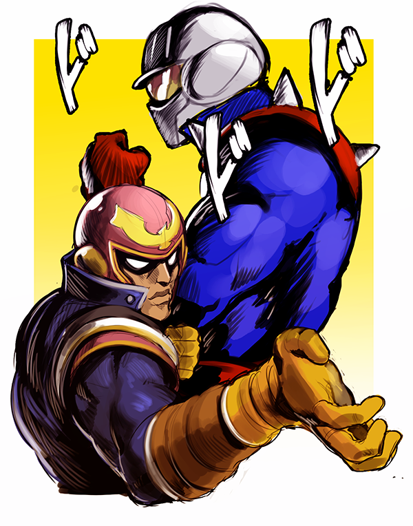 2boys, bodysuit, captain_falcon, clenched_hand, company_connection, crossover, domino_mask, eye_mask