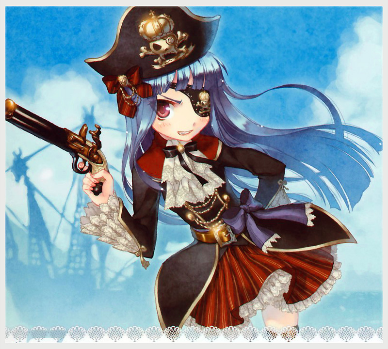 1girl, antique_firearm, asaki_yuzuno, ascot, belt, blue_hair, blush, bow, cloud, eyepatch, female_focus, firearm, firelock, flintlock, frills, gun, handgun, hat, long_hair, pirate_costume, pistol, red_eyes, ship, skirt, skull, skull_and_crossbones, solo, tricorne, watercraft, weapon, yuzuno_asaki