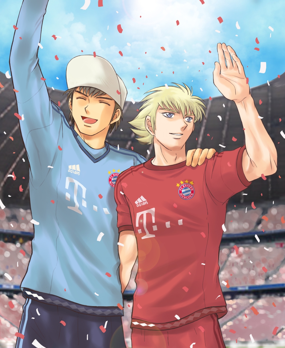 2boys, aoizawa_natsuki, black_hair, blonde_hair, captain_tsubasa, confetti, closed_eyes, fc_bayern_munchen, german_text, germany, hat, highres, karl-heinz_schneider, male_focus, multiple_boys, purple_eyes, short_hair, smile, soccer, soccer_uniform, sportswear, wakabayashi_genzou