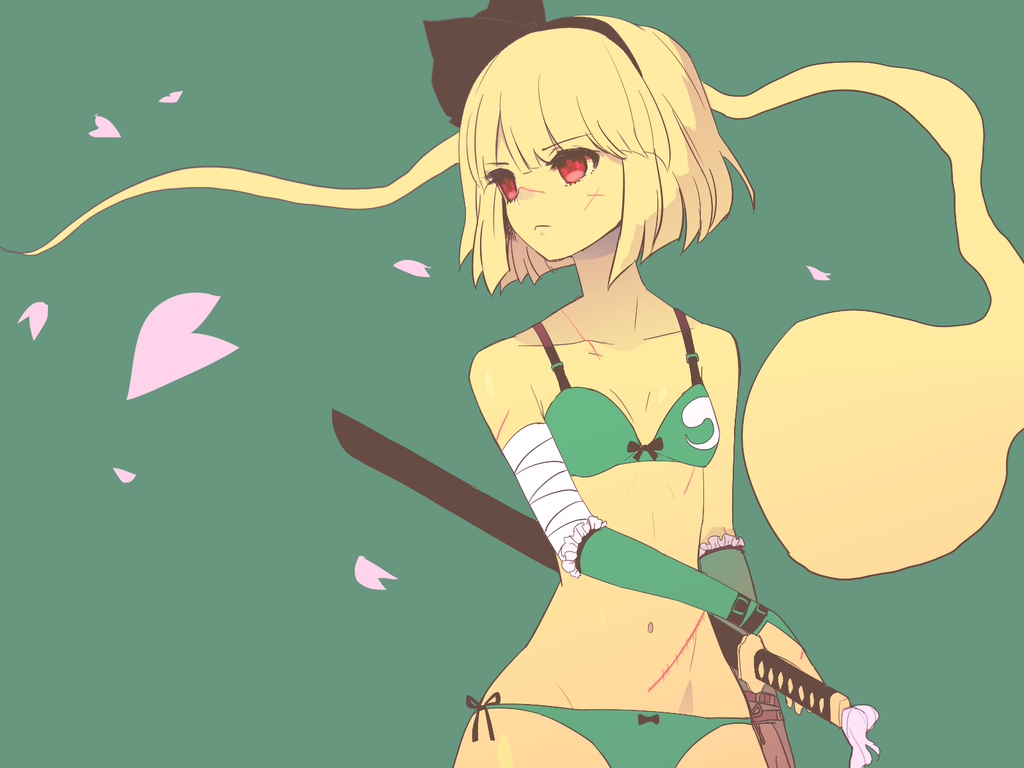 1girl, bad_id, bad_twitter_id, bandaged_arm, bandages, bare_arms, bare_shoulders, bow