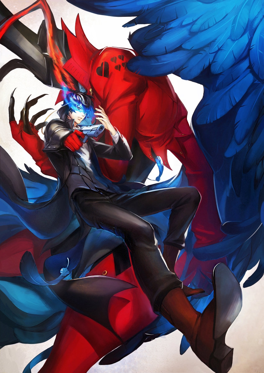 10s, 1boy, amamiya_ren, arsene_(persona_5), aura, black_hair, claws, feathered_wings