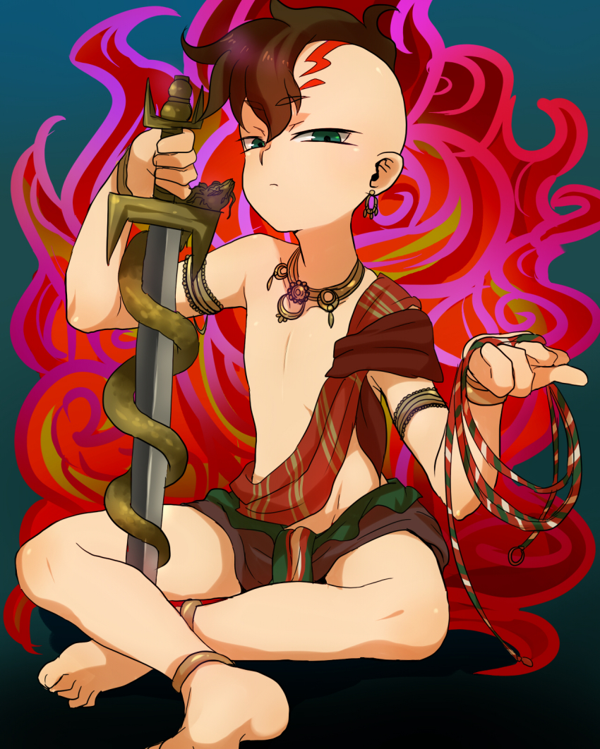 1boy, :<, acala, acala_(cosplay), barefoot, bracelet, brown_hair, cosplay