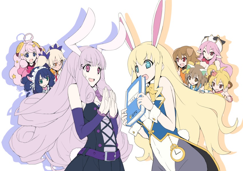 10s, 6+girls, animal_ears, blonde_hair, blue_hair, book, breasts, cat_ears