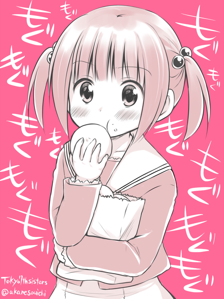 1girl, akane_souichi, blush, copyright_name, eating, female_focus, monochrome, saeki_hina