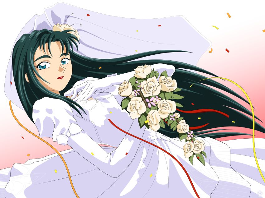1girl, absurdres, blue_eyes, bouquet, bridal_veil, confetti, derivative_work, dress, elbow_gloves, female_focus, flower, gloves, gradient_background, green_hair, hair_flower, hair_ornament, highres, lipstick, long_hair, makeup, makibi_kiyone, red_lips, sasase, solo, tenchi_muyou!, veil, wedding_dress, white_dress, white_gloves