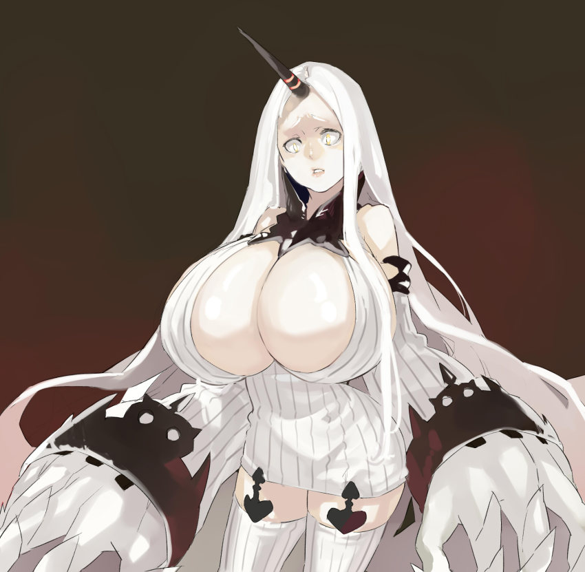 10s, 1girl, abyssal_ship, bare_shoulders, breasts, brown_background, claws, cleavage