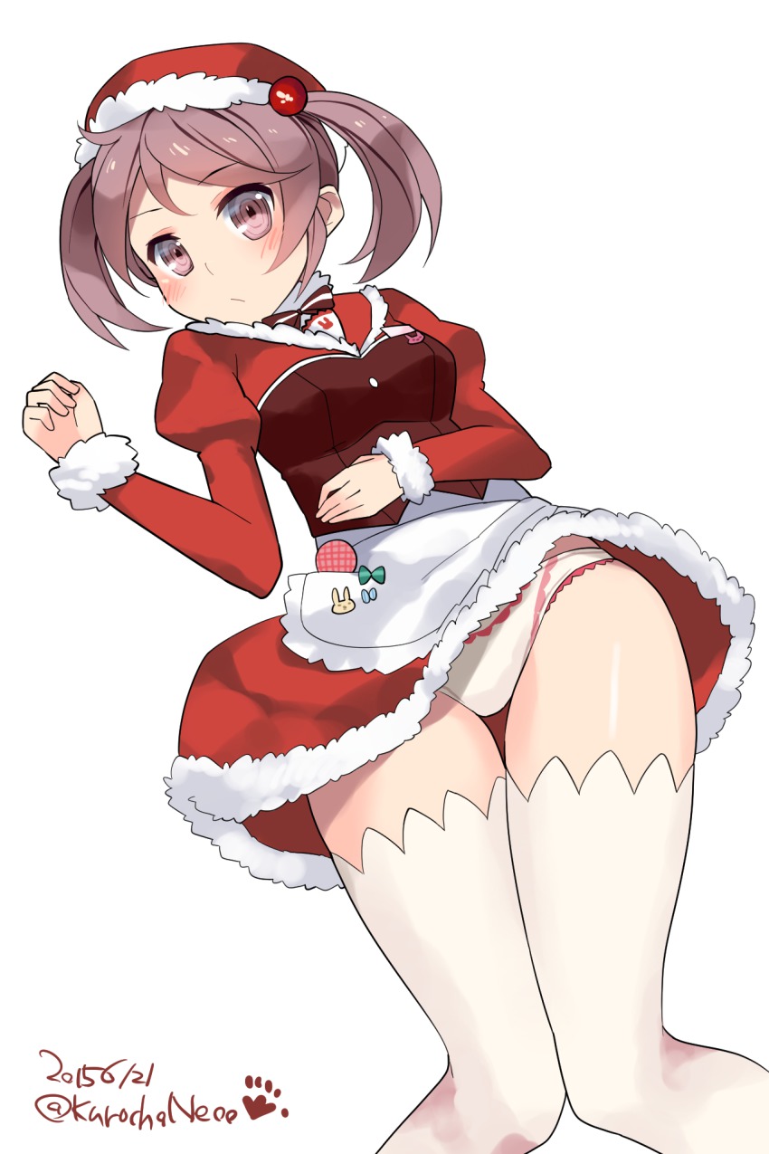 10s, 1girl, 2015, apron, blush, bow, christmas, dated, dress, female_focus, frilled_apron, frills, fur_trim, hair_bobbles, hair_ornament, hat, highres, kantai_collection, kuro_chairo_no_neko, long_sleeves, looking_at_viewer, lying, on_back, panties, pantyshot, paw_print, puffy_long_sleeves, puffy_sleeves, purple_eyes, purple_hair, rabbit, red_dress, santa_costume, santa_hat, sazanami_(christmas)_(kancolle), sazanami_(kancolle), short_hair, simple_background, solo, thigh_gap, thighhighs, twintails, twitter_username, underwear, upskirt, white_background, white_thighhighs