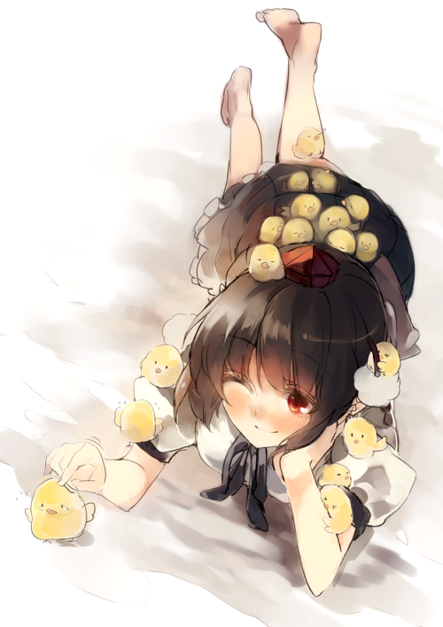 1girl, animal, baby_animal, barefoot, bird, black_hair, blush, bow