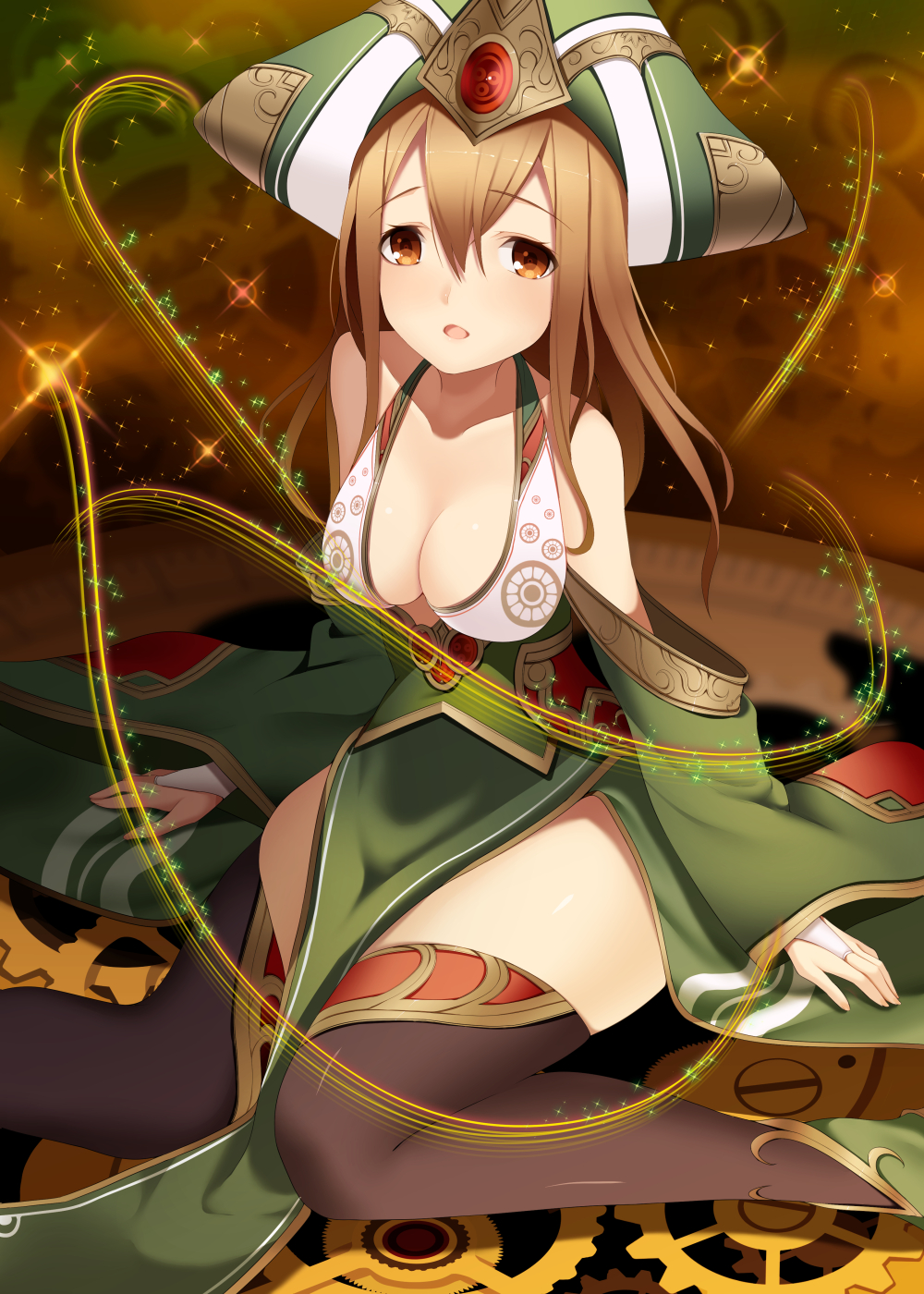 1girl, bad_id, bad_pixiv_id, bare_shoulders, black_thighhighs, breasts, bridal_gauntlets, brown_eyes