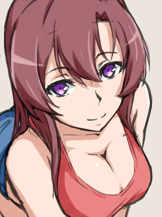 10s, 1girl, bare_shoulders, breasts, cleavage, grey_background, long_hair, maporo_shiki, purple_eyes, red_hair, ryuugajou_nanana_no_maizoukin, shorts, simple_background