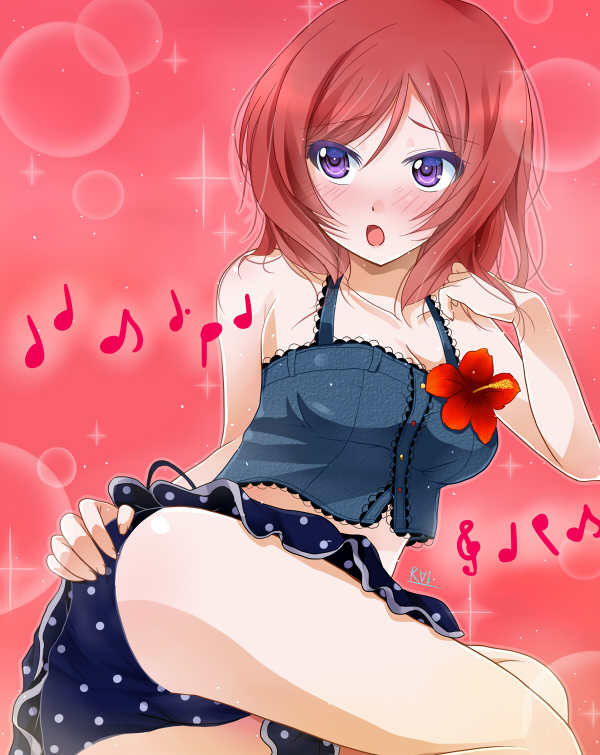 10s, 1girl, ass, blush, breasts, female_focus, flower, gradient_background, love_live!, love_live!_school_idol_festival, love_live!_school_idol_project, miyamori_raira, musical_note, nishikino_maki, open_mouth, panties, pink_background, polka_dot, polka_dot_skirt, purple_eyes, quaver, red_hair, short_hair, skirt, solo, treble_clef, underwear