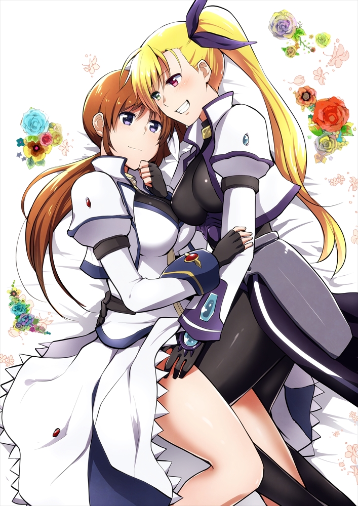 10s, 2girls, armor, bad_id, bad_pixiv_id, bed_sheet, blonde_hair, blush