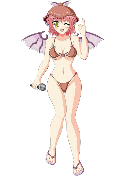 1girl, aged_up, bikini, breasts, female_focus, full_body, hat, microphone