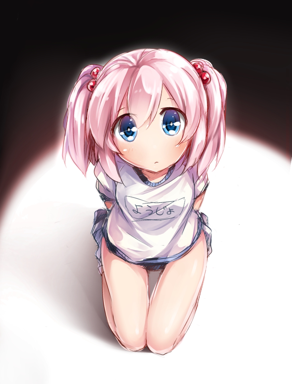 1girl, arms_behind_back, blush, bow, buruma, female_focus, gradient_background, gym_uniform