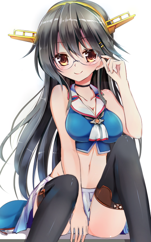 1girl, bespectacled, black_boots, black_hair, black_thighhighs, boots, breasts, choukai_(kancolle)