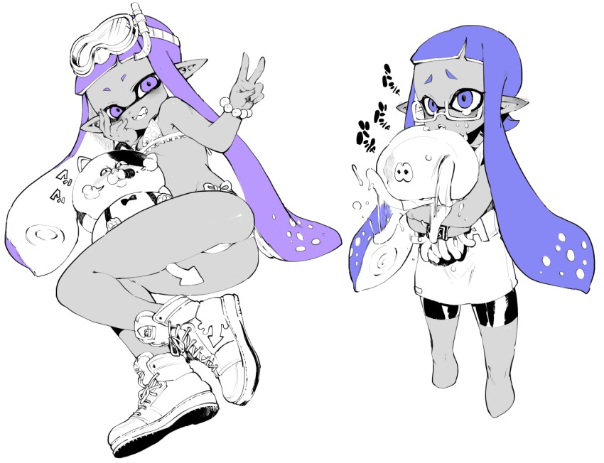 2girls, ass, bad_id, bad_pixiv_id, bike_shorts, bikini, blue_eyes, blue_hair, bracelet, cat, glasses, grin, inkling, inkling_girl, inkling_player_character, jellyfish, jellyfish_(splatoon), jewelry, judd_(splatoon), kuro0201, long_hair, lying, monochrome, monster_girl, multiple_girls, nintendo, on_side, purple_eyes, purple_hair, purple_theme, shoes, smile, sneakers, splatoon_(series), splatoon_1, spot_color, swimsuit, tentacle_hair, yousuke_(yosk)